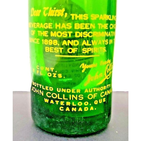 Vintage Perkins John Collins Soda Mixer Bottle Waterloo Ontario Green ACL Canada - Picture 8 of 11